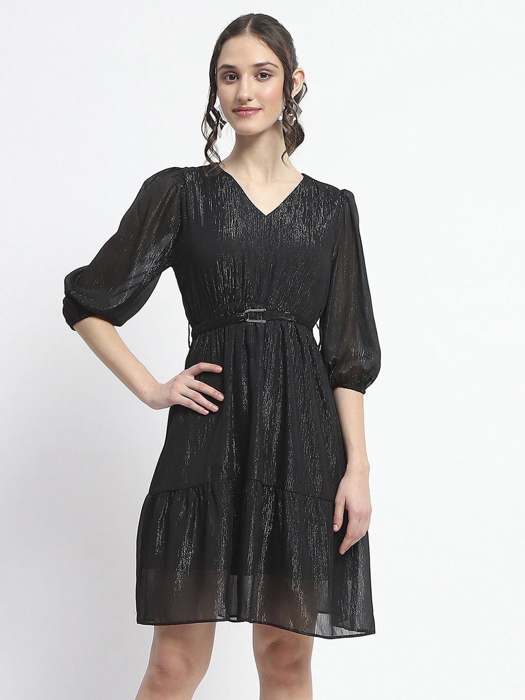 

Madame Women Puff Sleeve Fit & Flare Dress, Black
