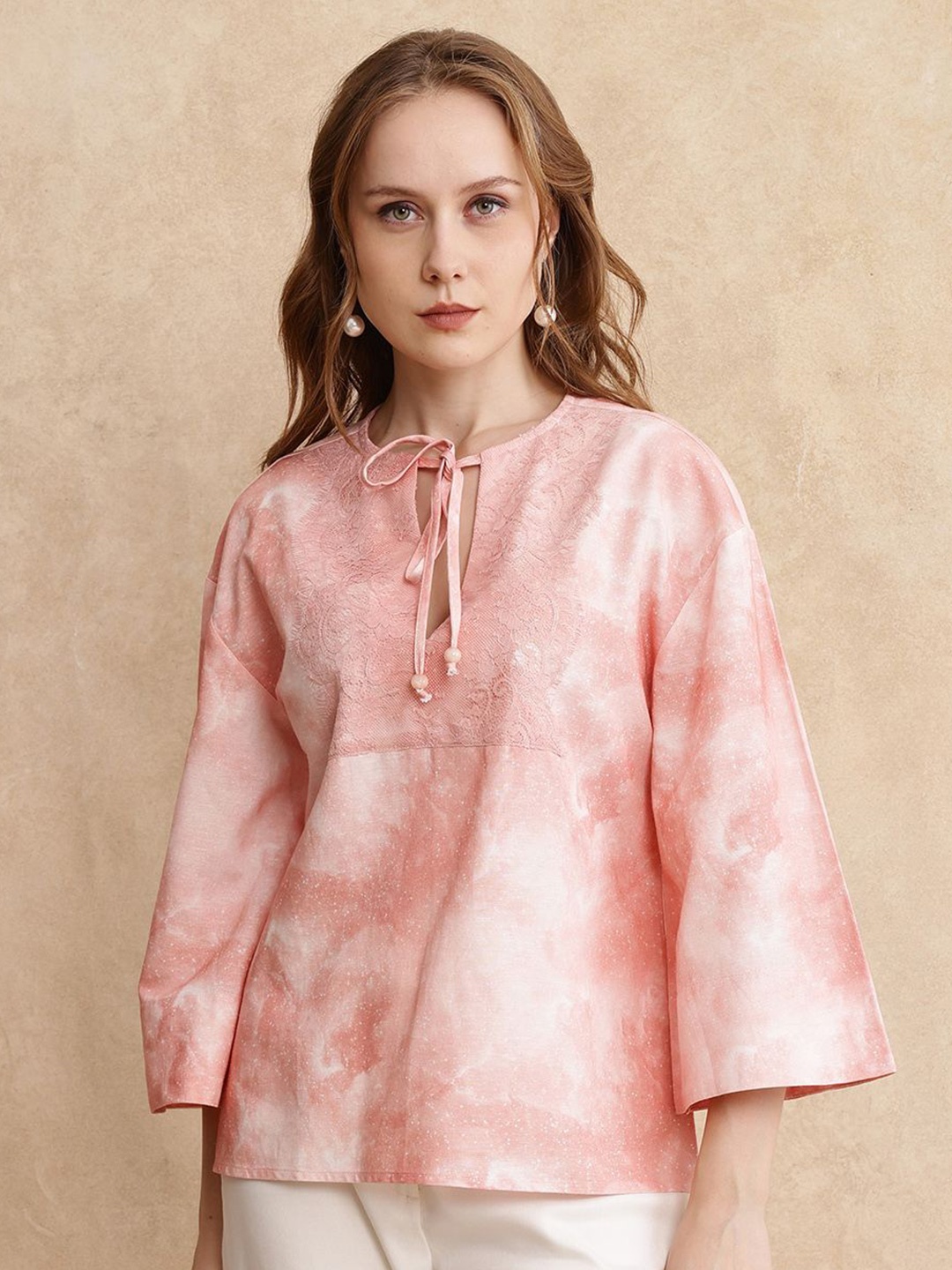 

RAREISM Women Abstract Print Tie-Up Neck Top, Pink