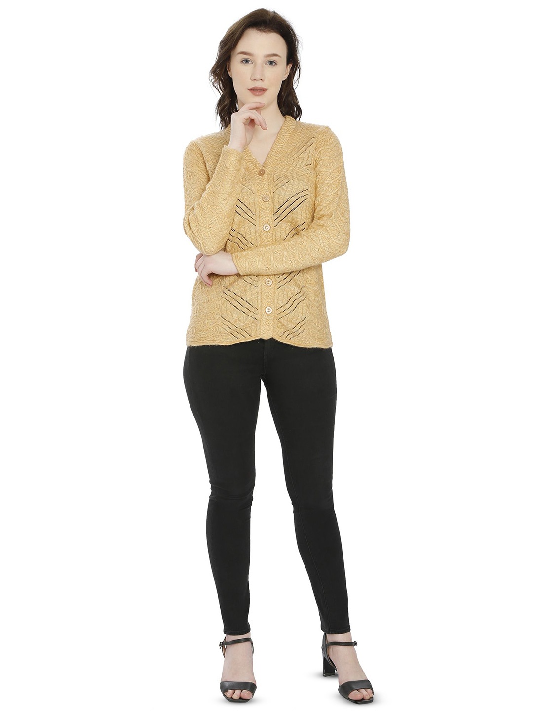 

HAUTEMODA Women Self Design Open Knit Ribbed Woollen Cardigan Button Detail, Gold