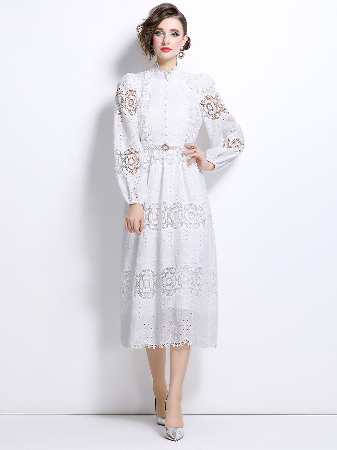 

JC Collection Women Mandarin Collar A-Line Midi Dress, White