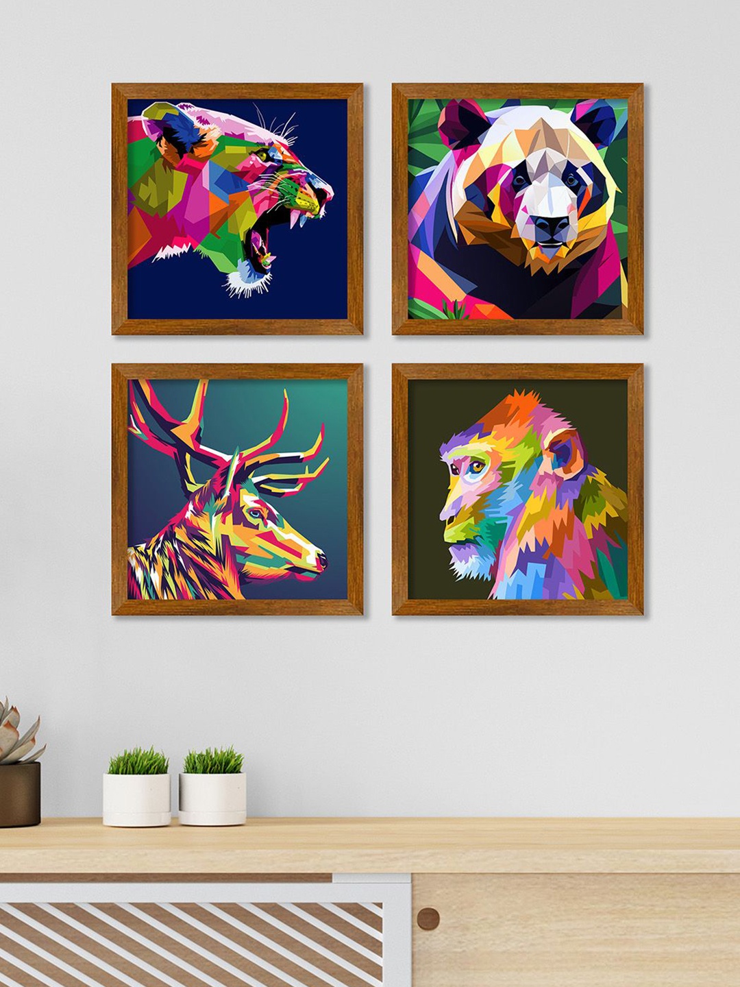 

ArtVibes Blue & Pink 4 Pieces Wooden Animal Face Paintings Wall Art