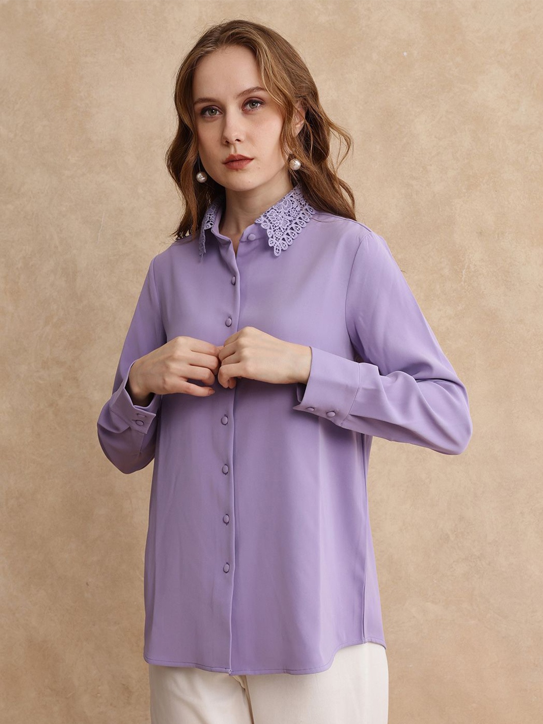 

RAREISM Women Comfort Spread Collar Solid Casual Shirt, Lavender