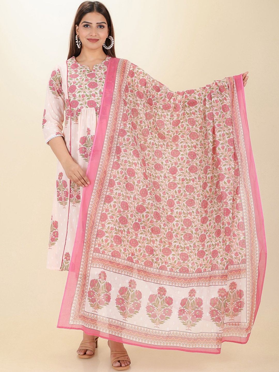 

Aramya Floral Printed Panelled Pure Cotton A-Line Kurta With Trouser With Dupatta, Pink