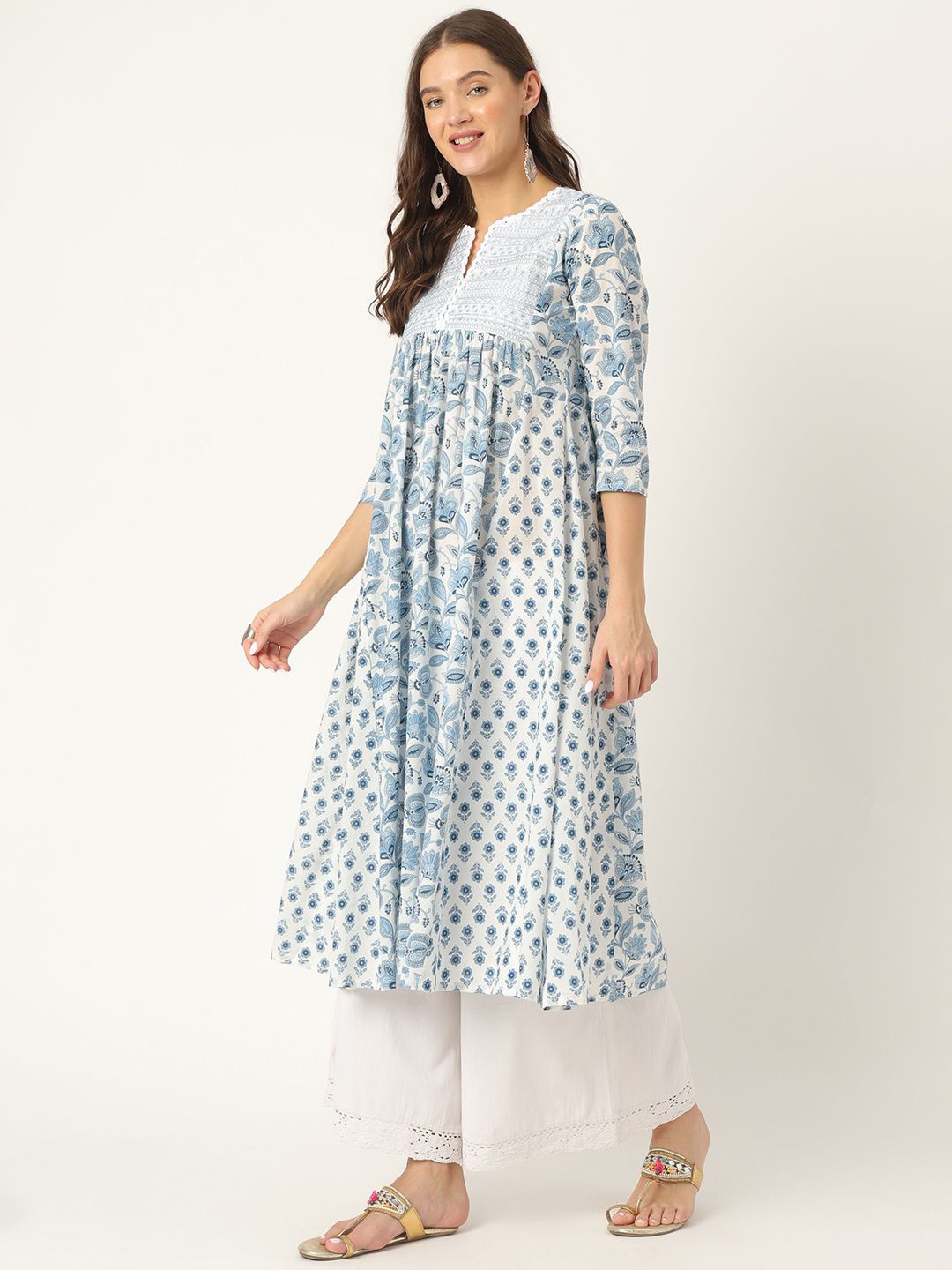 

Ashlee Floral Printed Pleated Cotton Anarkali Kurta, Turquoise blue