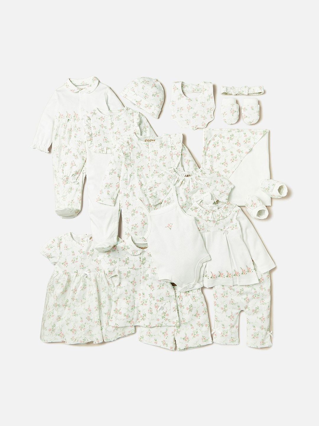 

Giggles by Babyshop Girls Pure Cotton Floral Printed Baby Apparel Gift Set, Cream