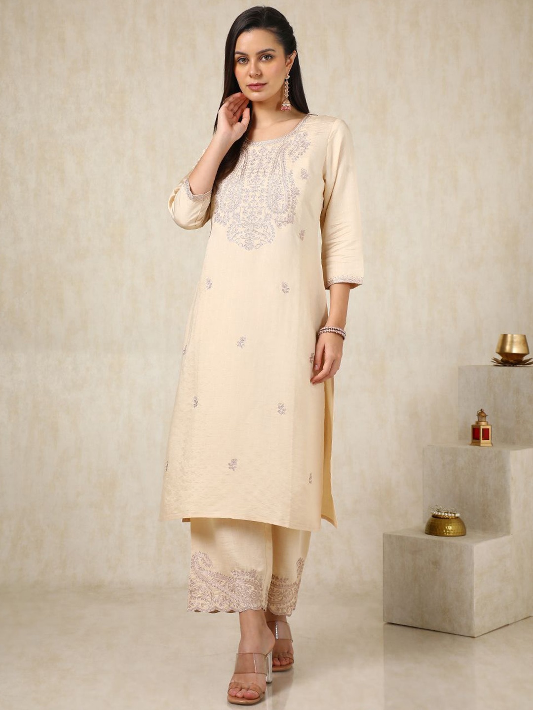 

Soch Beige Paisley Embroidered Round Neck Regular Straight Kurta With Palazzo