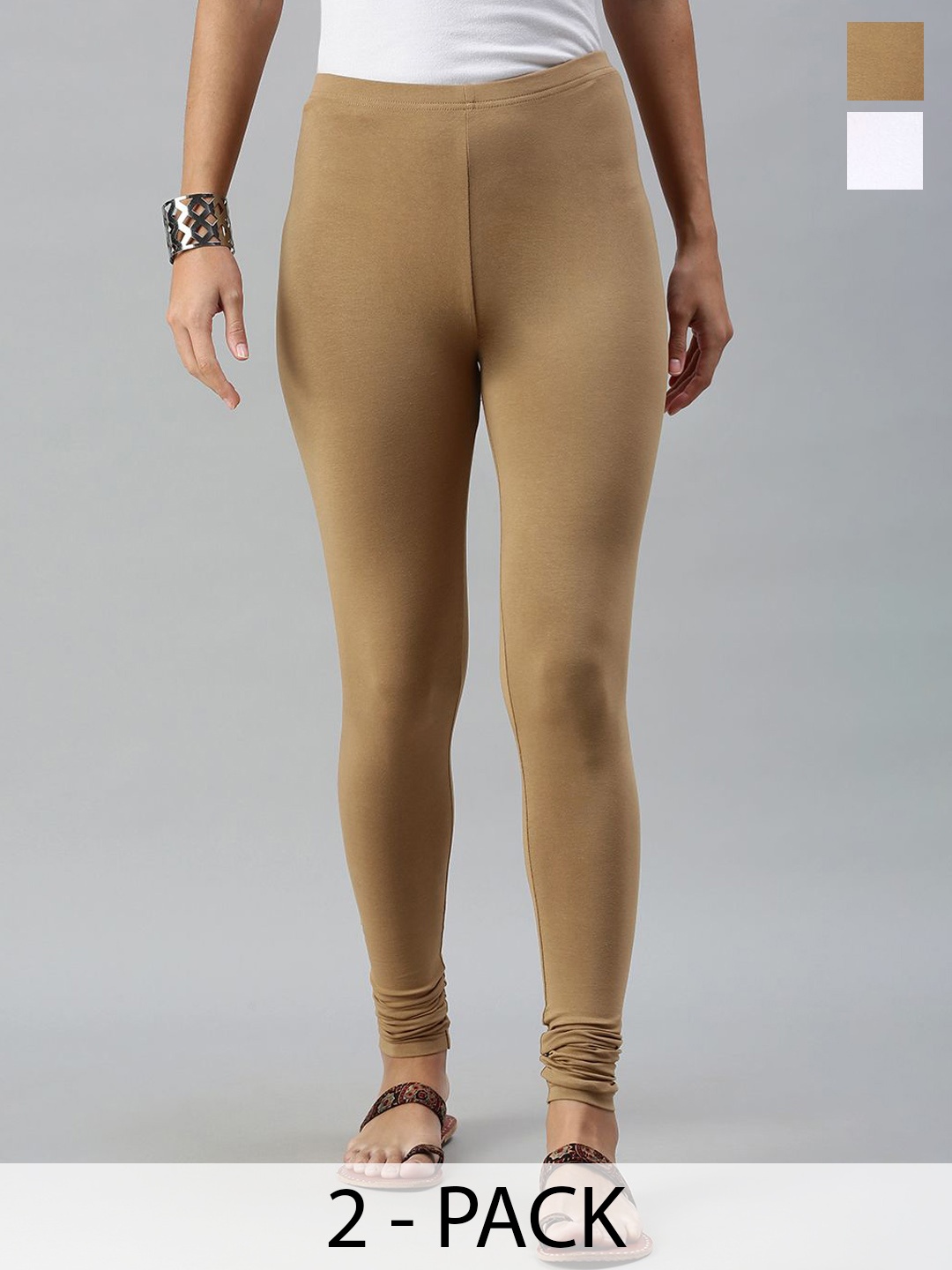 

De Moza Women Pack Of 2 Churidar-Length Cotton Leggings, Beige