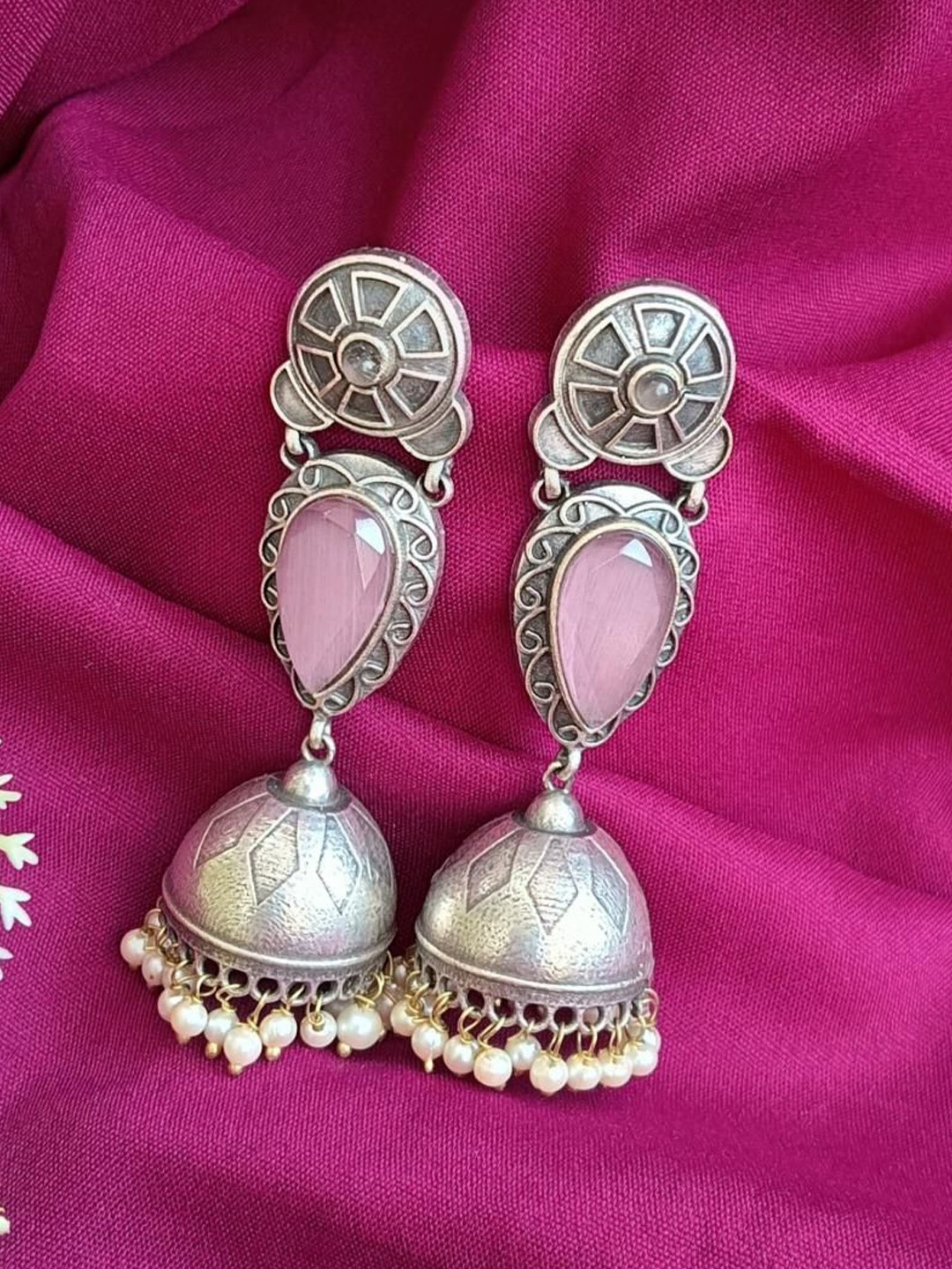 

Efulgenz Rhodium Plated Crystals Studded Contemporary Jhumkas Earrings, Pink