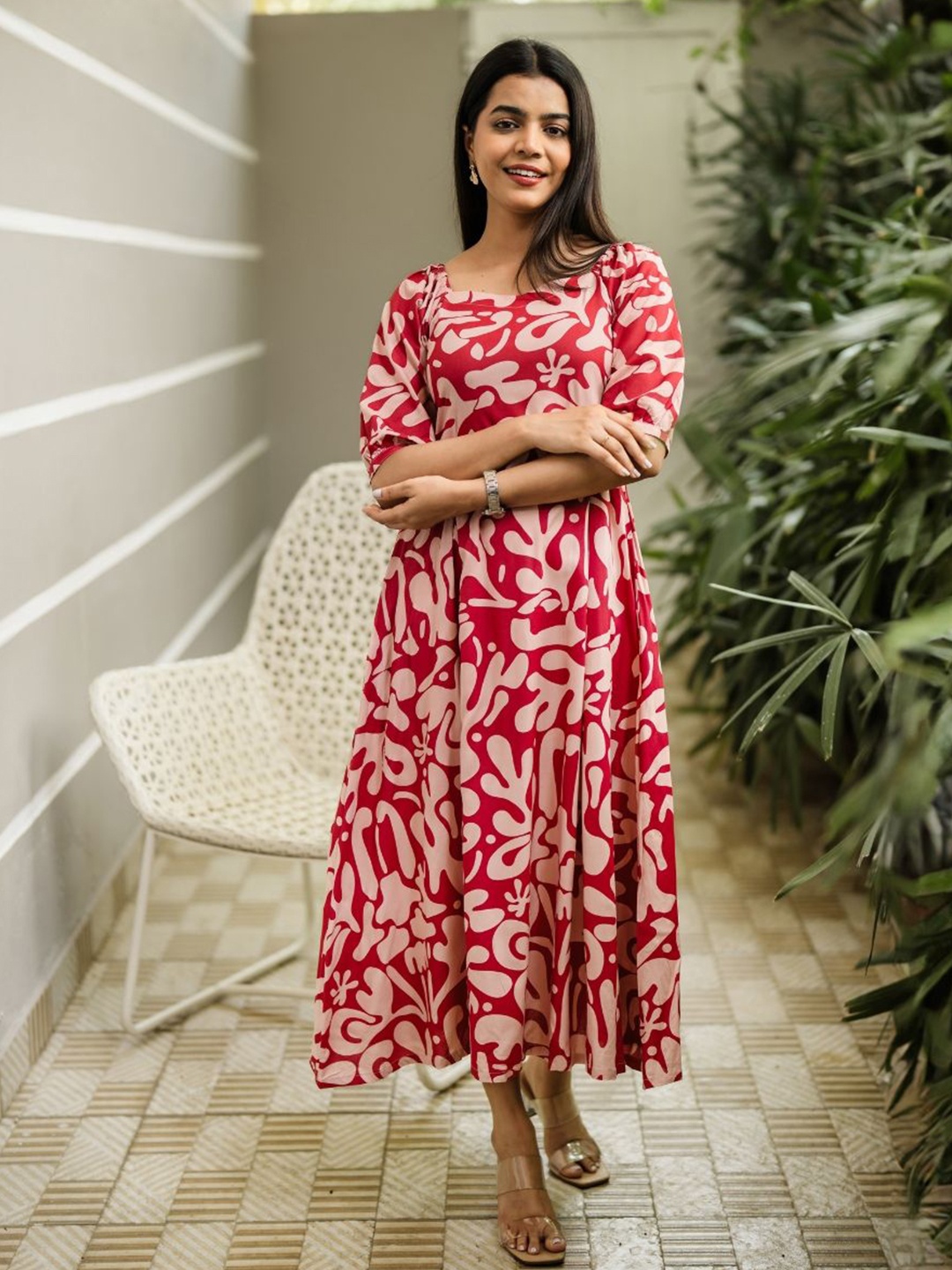 

HAY Floral Printed Fit & Flare Midi Dress, Red