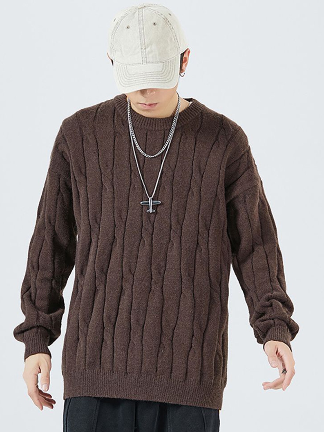 

StyleCast x Revolte Men Cable Knit Longline Pullover, Coffee brown