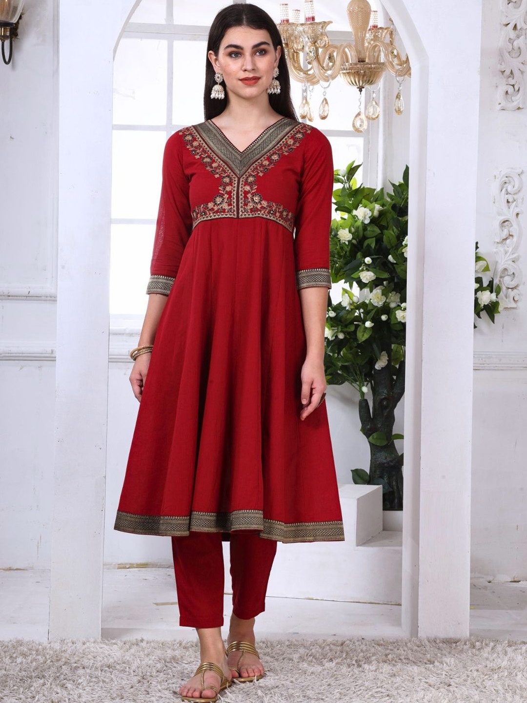 

Saffron Threads Floral Yoke Design Pure Cotton Anarkali Kurta with Trousers, Red