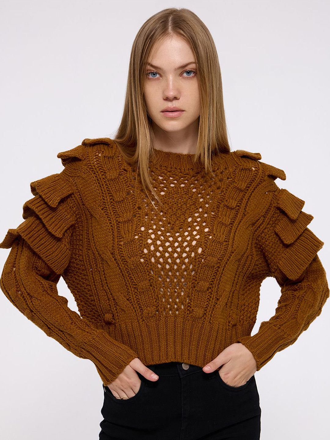 

COVER STORY Women Self Design Round Neck Long Sleeves Ruffle Casual Pullover, Brown