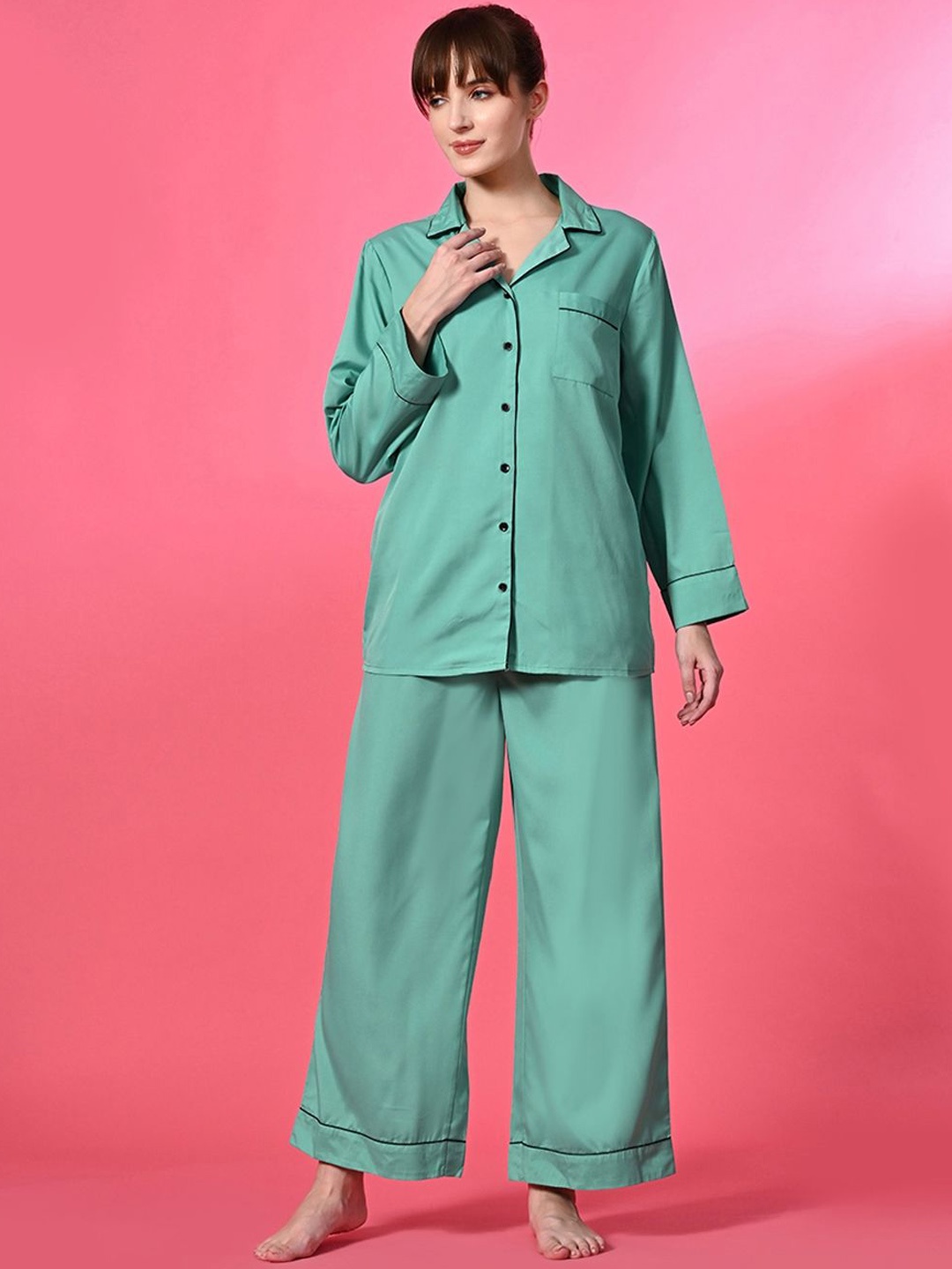

PRETTY LOVING THING Women Lapel Collar Night suit, Green