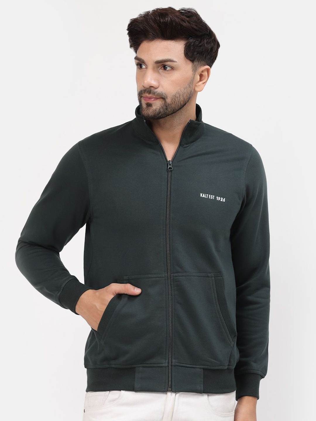 

Kalt Men Mock Collar Long Sleeves Front-Open Sweatshirt, Green