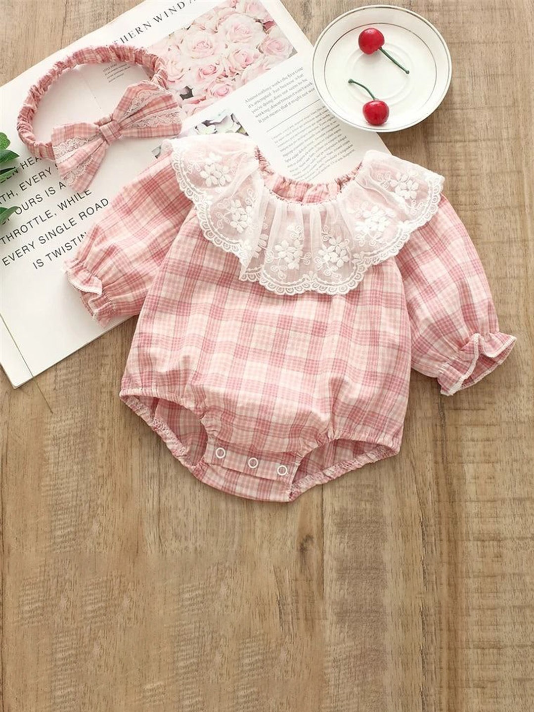 

Ju Ju Jam Infant Girls Checked Bodysuit With Headband, Pink