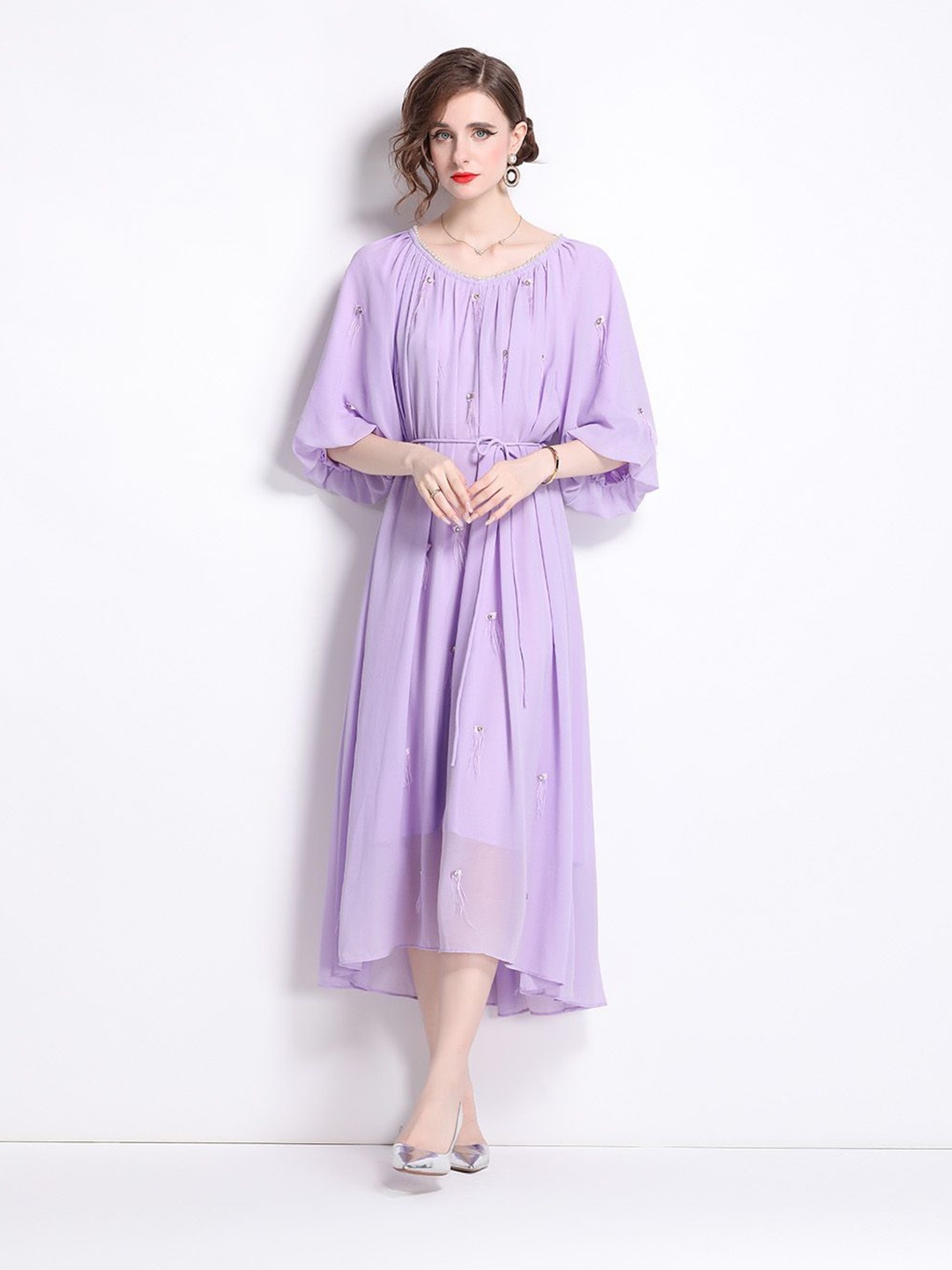 

JC Collection Women Puff Sleeve Round Neck Fit & Flare Midi Dress, Purple