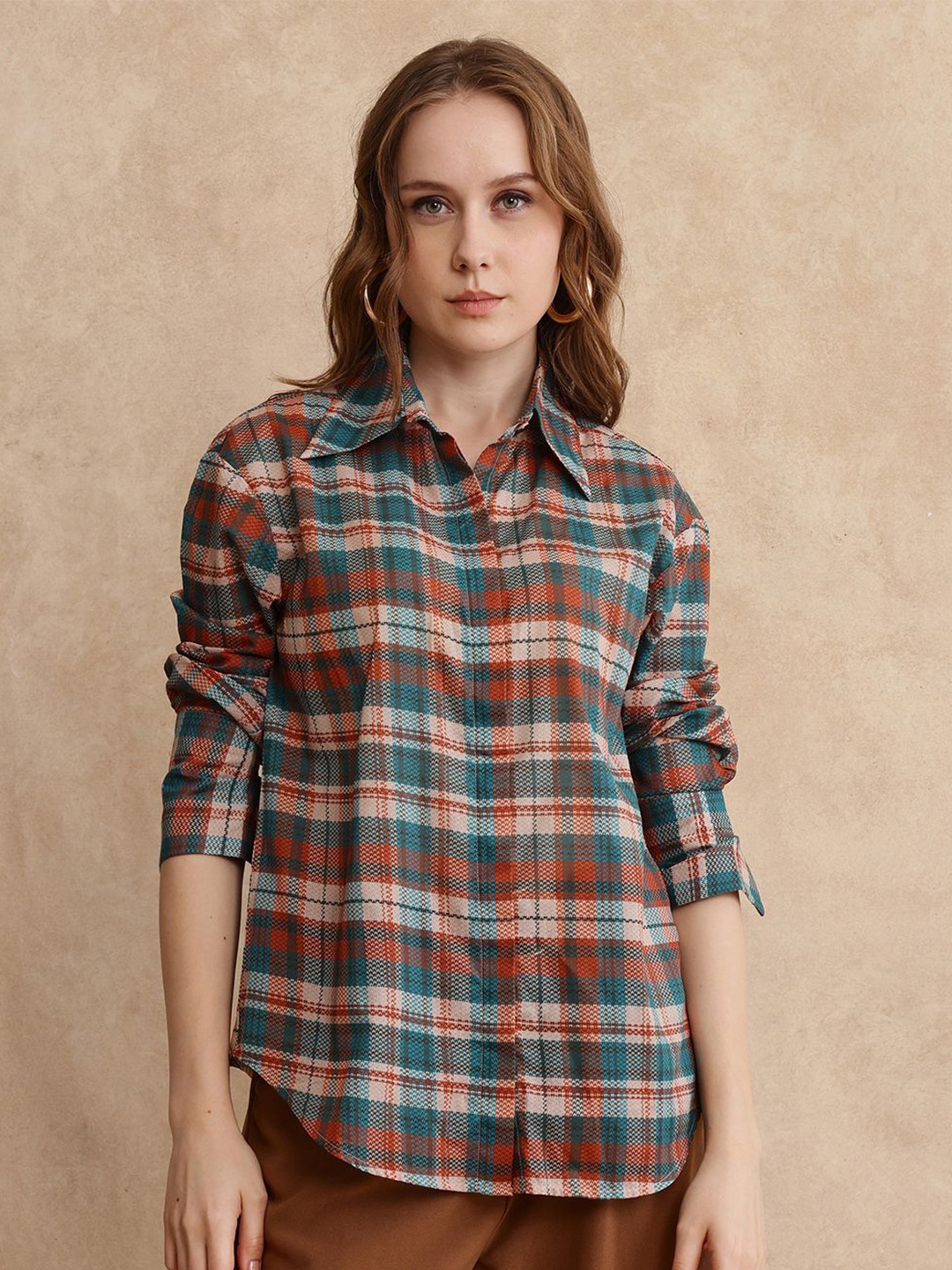

RAREISM Women Comfort Spread Collar Checked Casual Shirt, Red