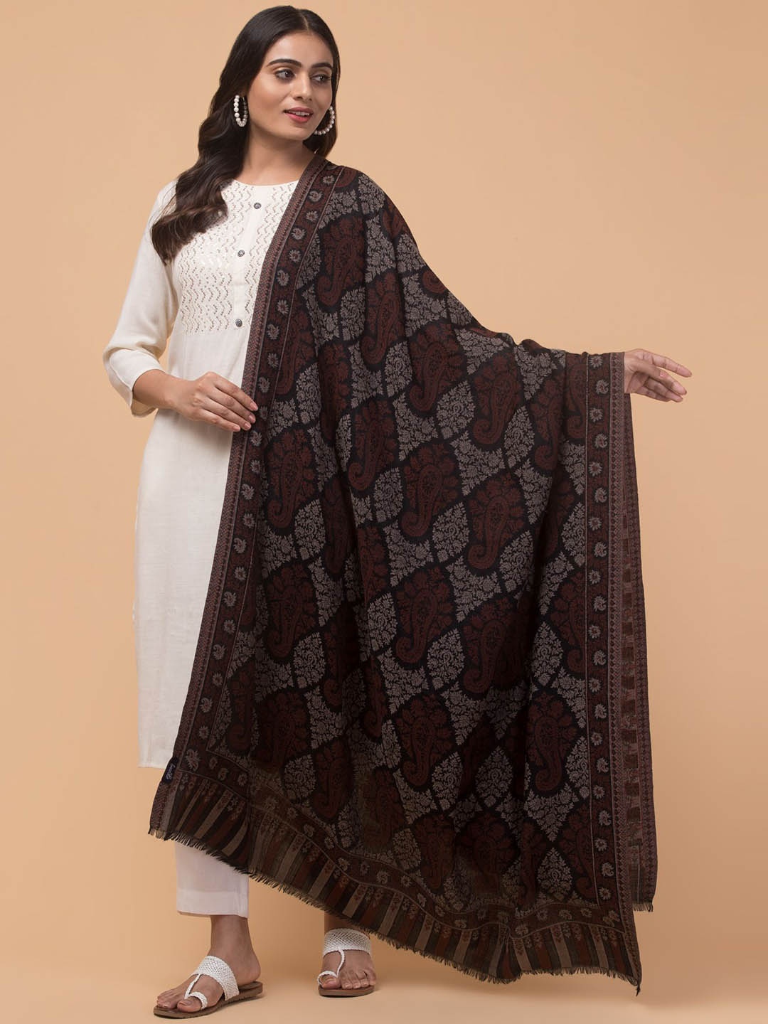 

Tweedle Feather Soft Floral Woven Design Woollen Shawl, Black
