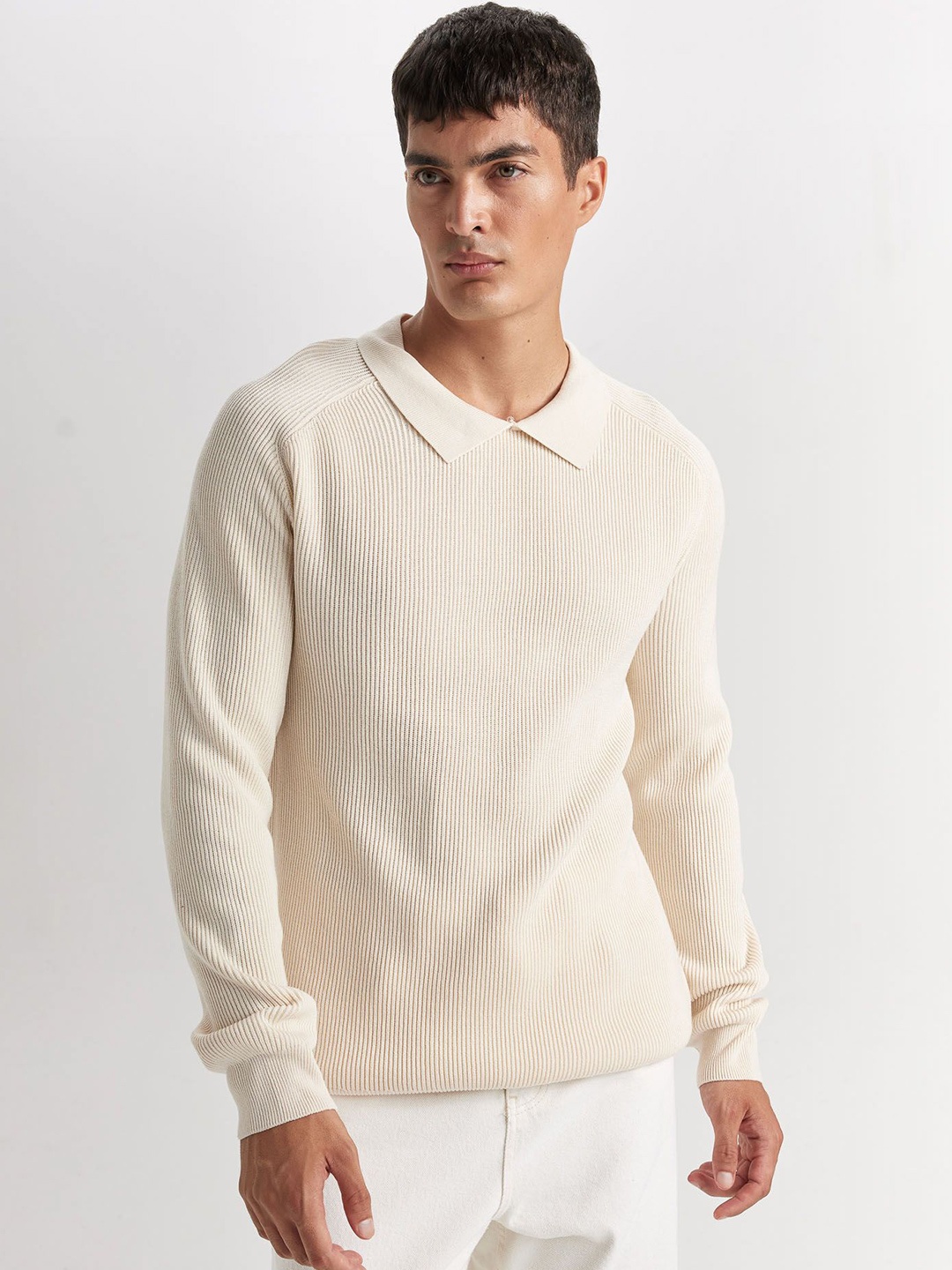 

DeFacto Men Peter Pan Collar Long Sleeves Ribbed Pullover, Off white