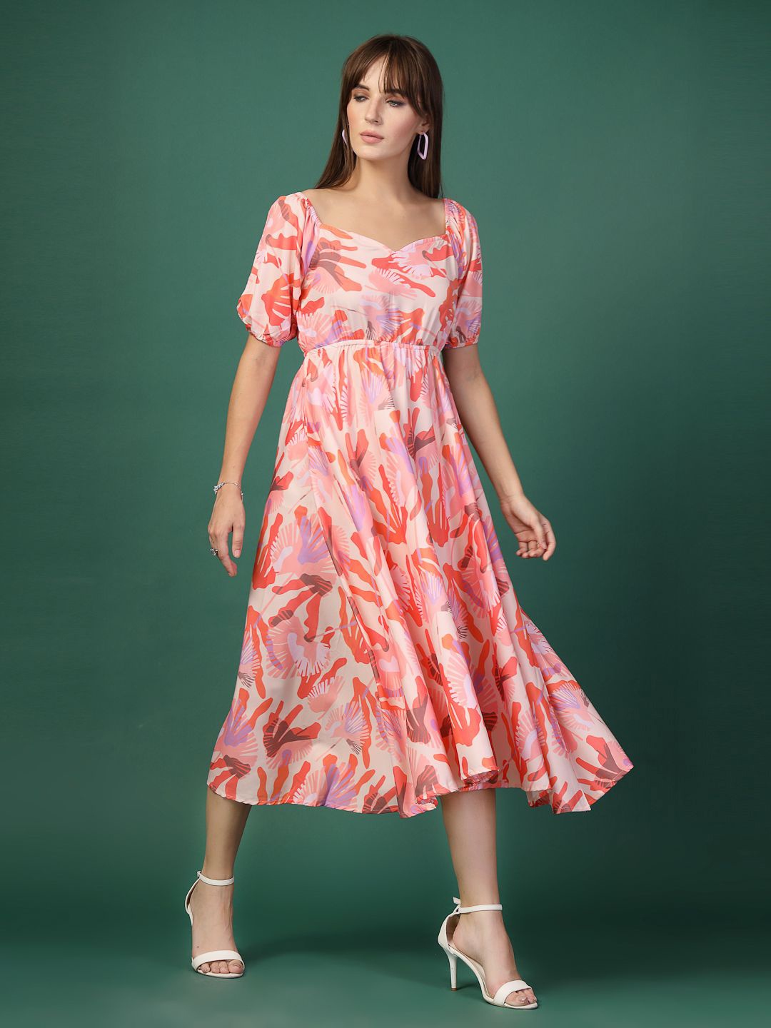 

Oomph! Women Floral Printed Puff Sleeve Fit & Flare Midi Dress, Orange