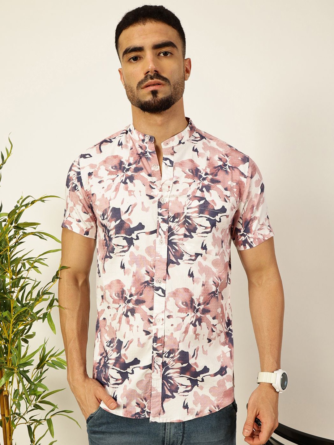 

VALEN CLUB Men Premium Band Collar Floral Self Design Slim Fit Casual Shirt, White
