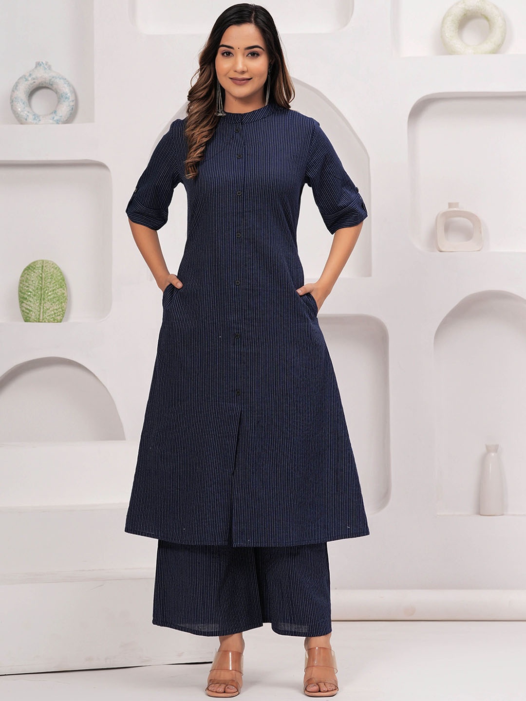 

MILAAV Striped Kantha Work Mandarin Collar Pure Cotton A-Line Kurta With Trouser, Blue