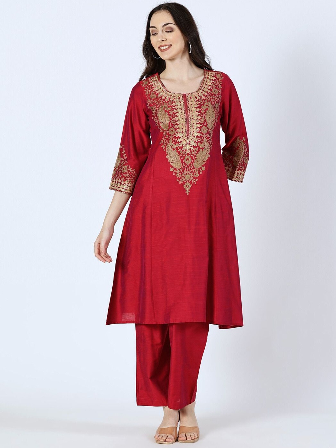 

Saffron Threads Paisley Embroidered A Line Kurta with Trousers, Magenta