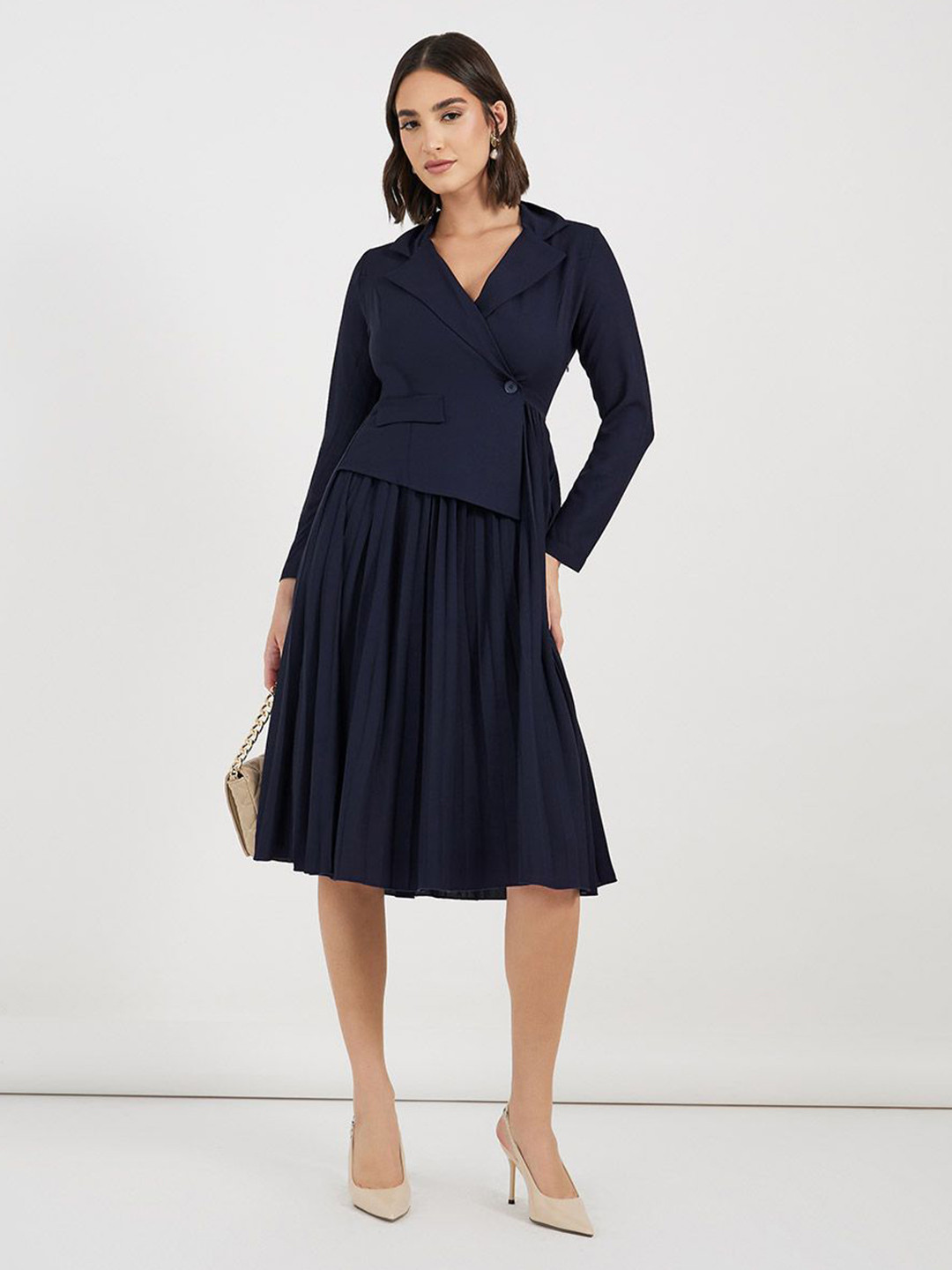 

Styli Women Lapel Collar Blazer Dress, Navy blue