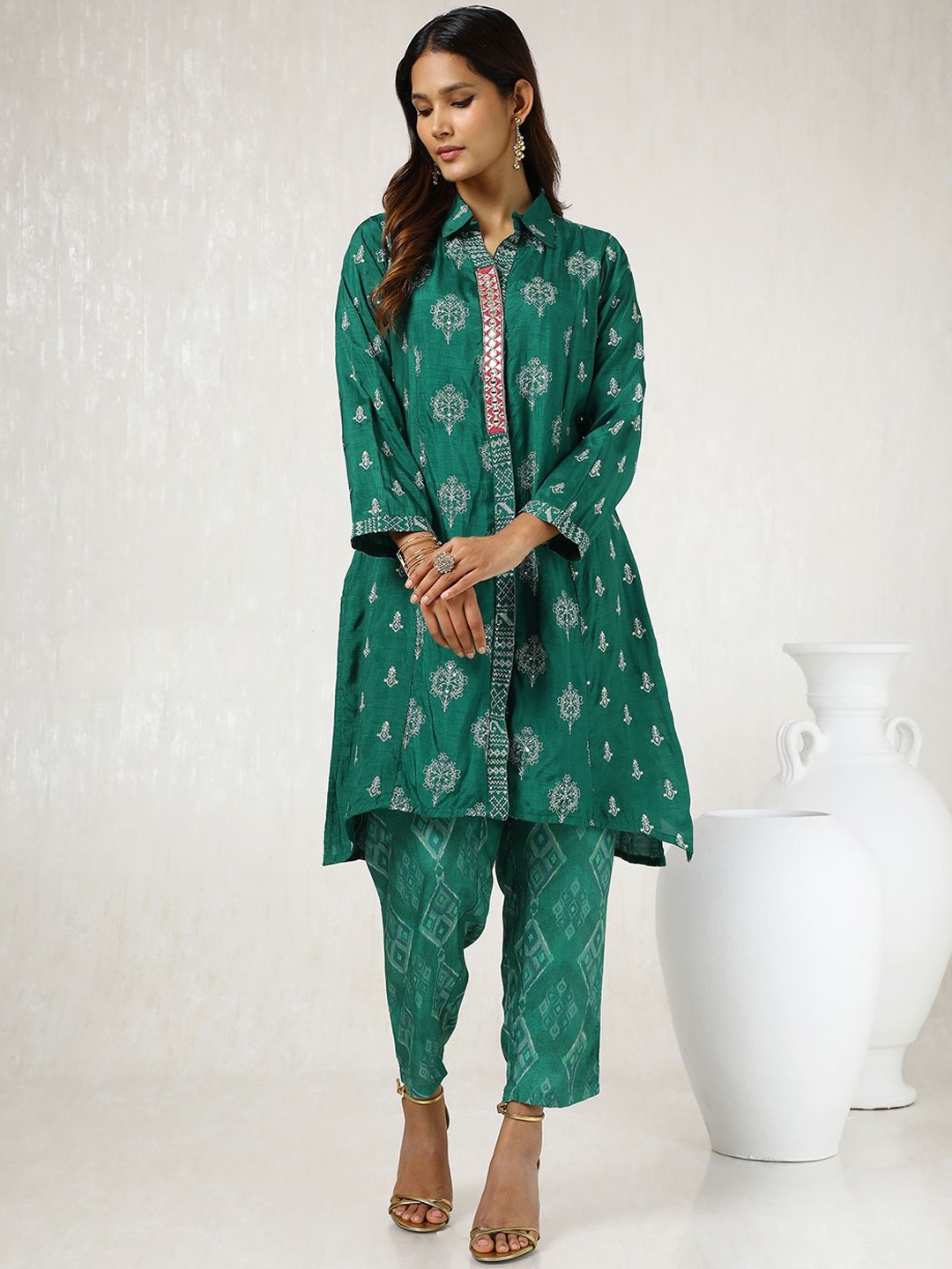 

Soch Teal Green Floral Embroidered Shirt Collar Mirror Work Casual Tunic & Trousers