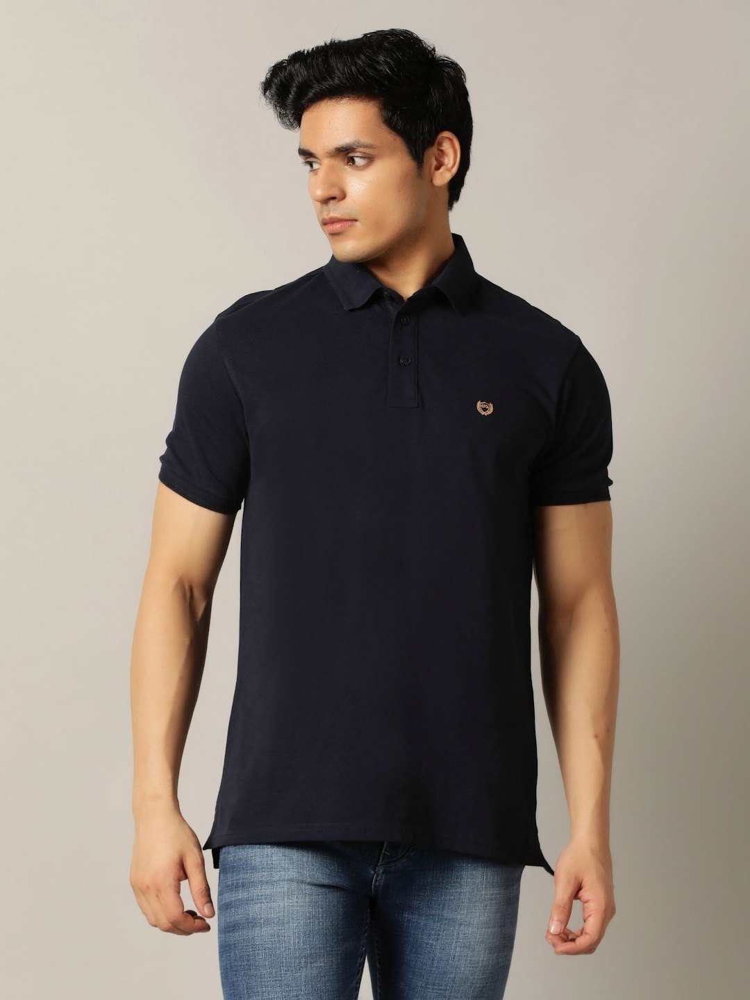 

JADE BLUE Men Polo Collar Pure Cotton Slim Fit T-shirt, Navy blue