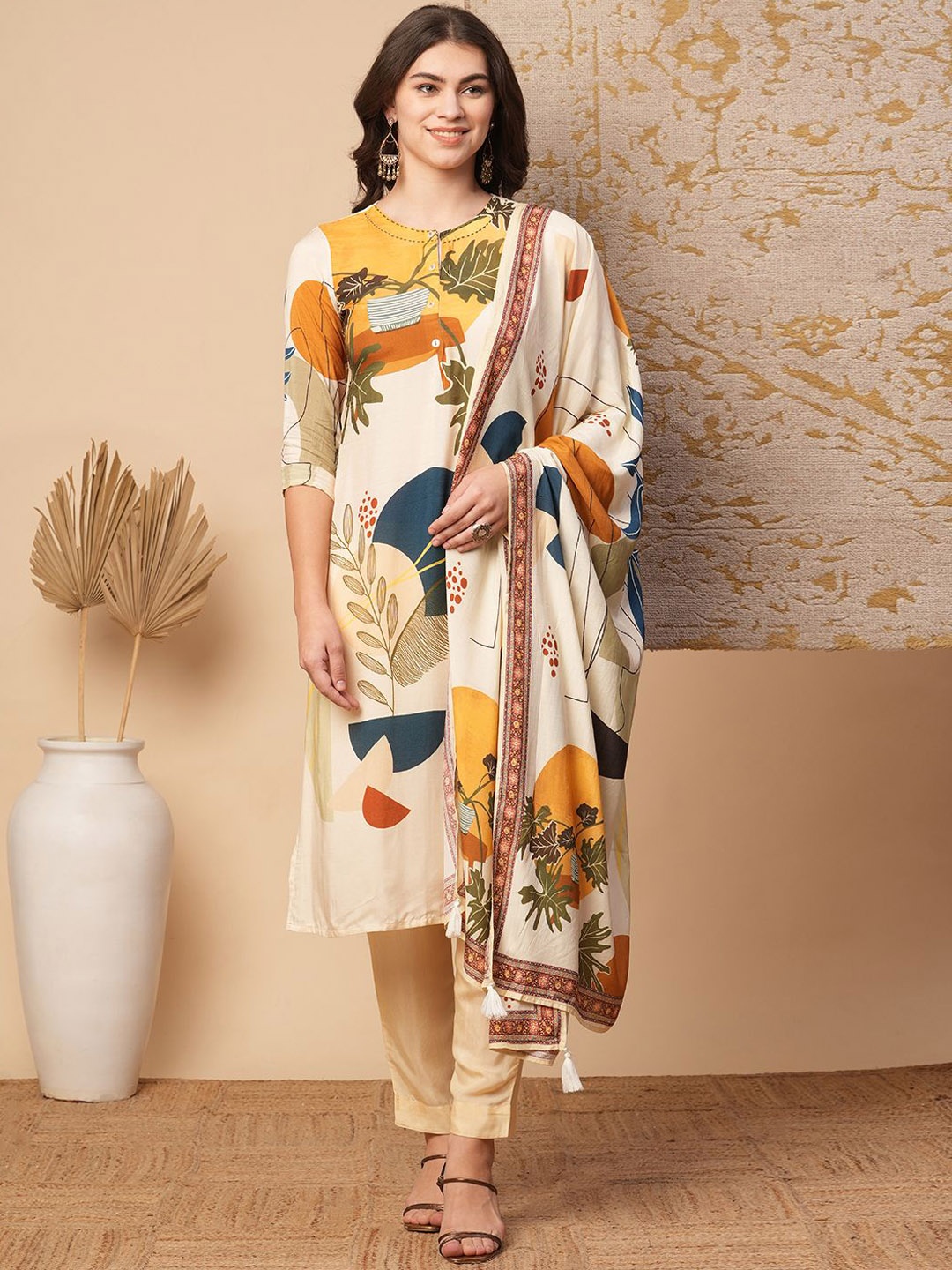 

FASHOR Floral Printed Round Neck Regular Kurta With Trouser With Dupatta, Cream