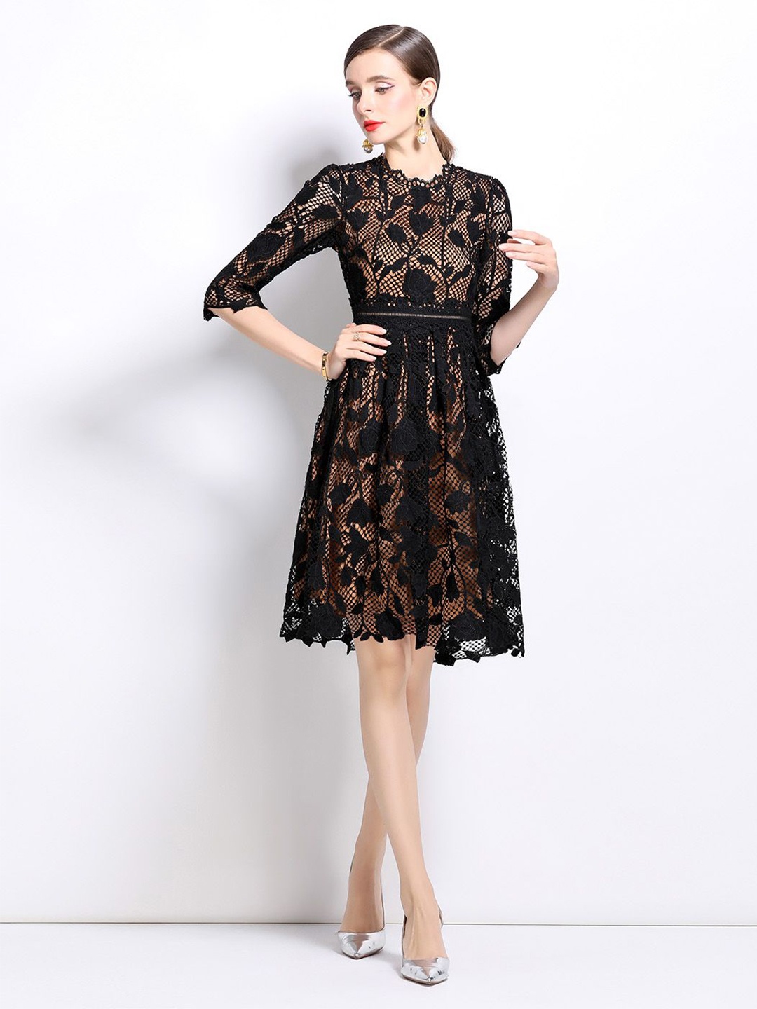 

JC Collection Women Sheer Self Design Fit & Flare Dress, Black