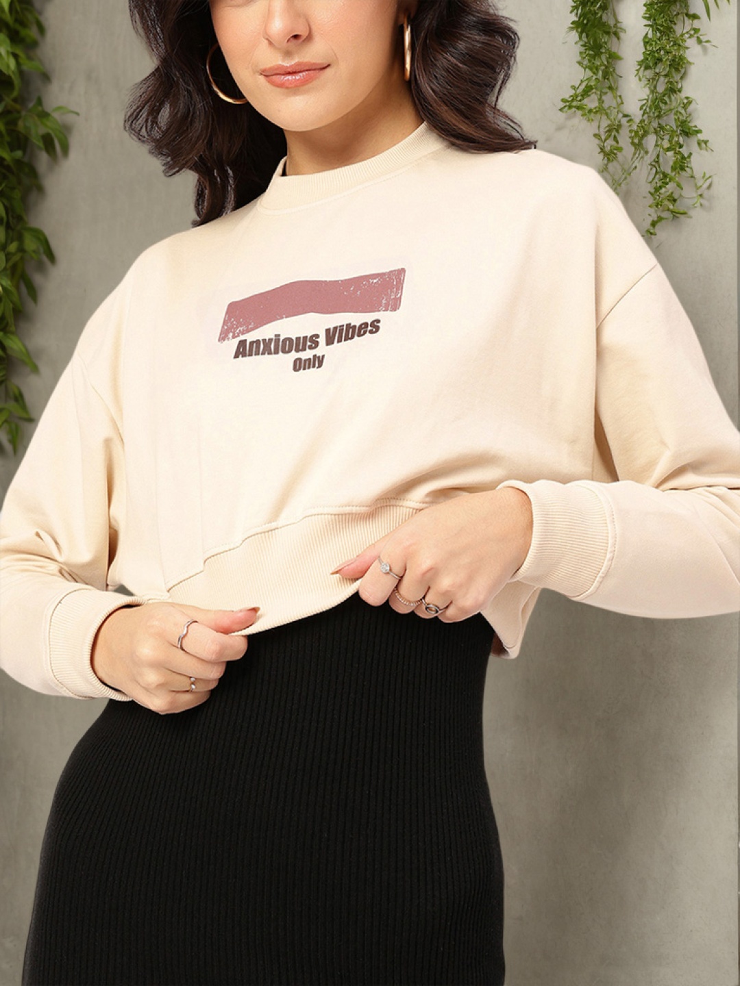 

DressBerry Typo Treat Drop-Shoulder Crop Sweatshirt, Beige