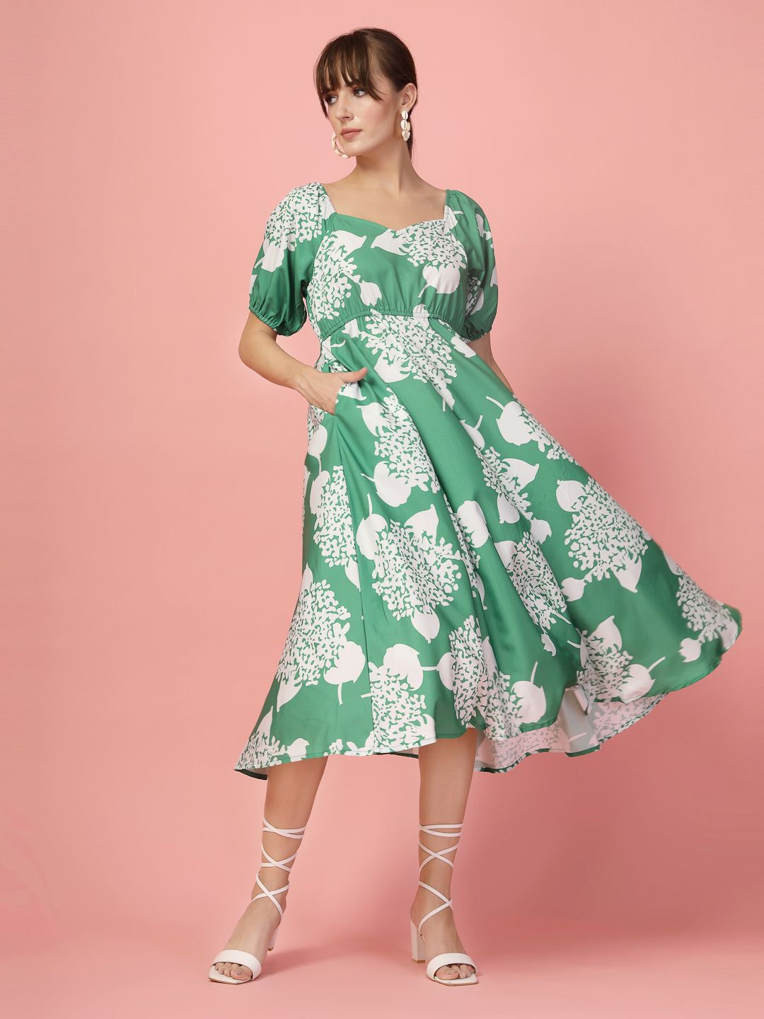 

Oomph! Floral Printed Puff Sleeve Crepe Fit & Flare Midi Dress, Green