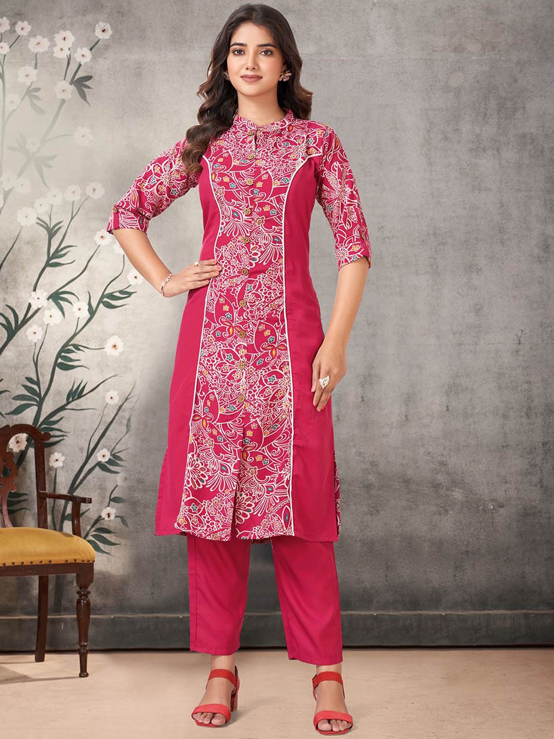 

KALINI Ethnic Motifs Printed Straight Kurta With Trousers, Pink
