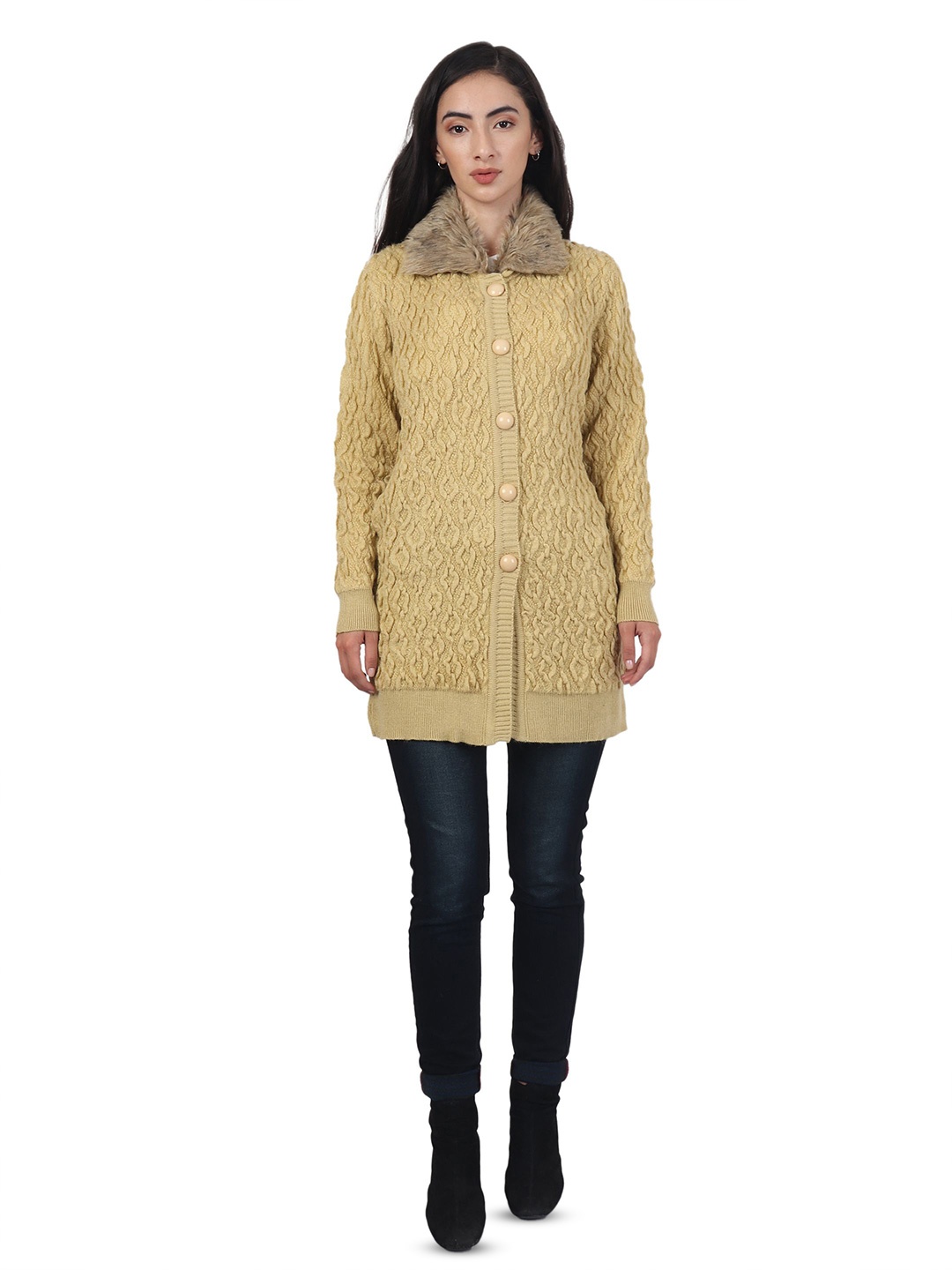 

HAUTEMODA Women Cable Knit Woollen Cardigan, Beige