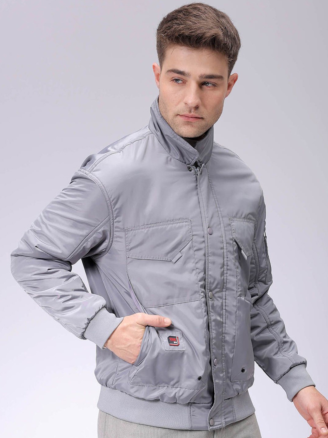 

The Indian Garage Co Men Solid Padded Bomber Utility Jacket, Grey