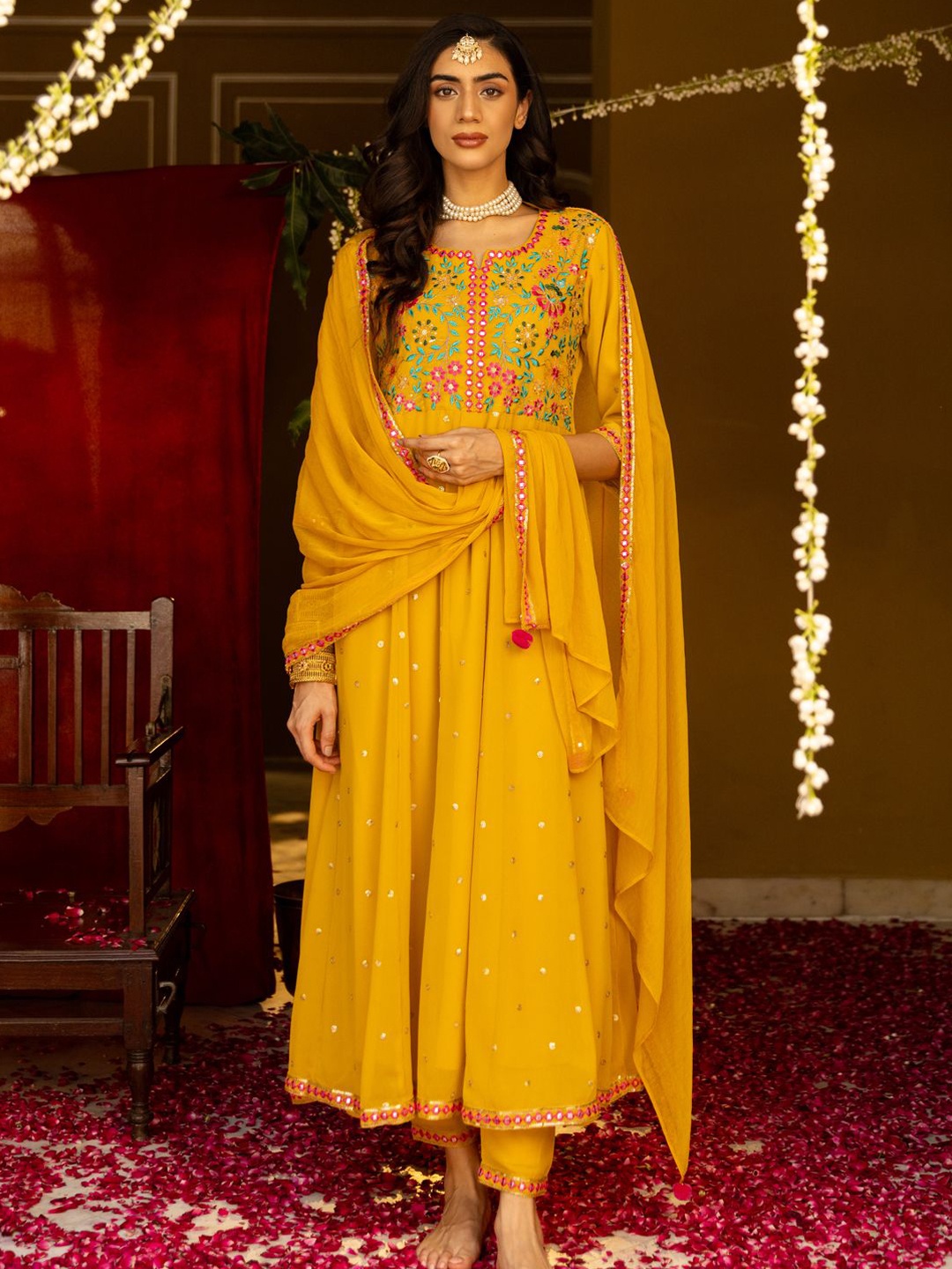 

FASHOR Floral Embroidered Pleated Georgette Anarkali Kurta with Trousers & Dupatta, Yellow