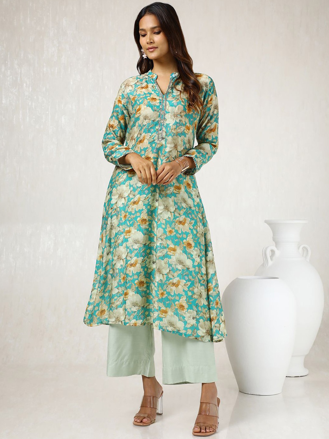 

Soch Floral Printed Mandarin Collar A-Line Kurta, Teal