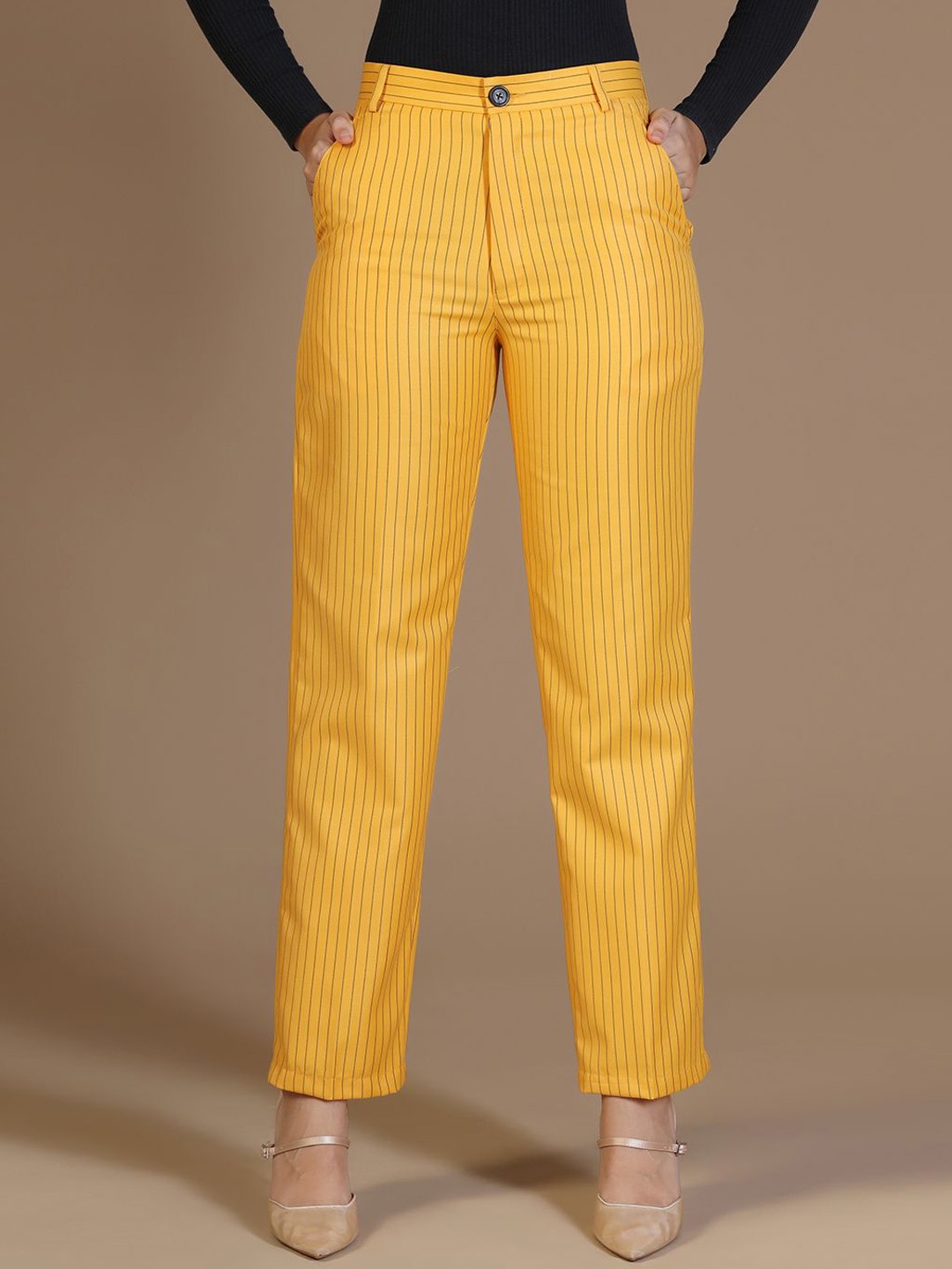 

TAHVO Women Striped Mid-Rise Relaxed Regular Fit Trousers, Yellow