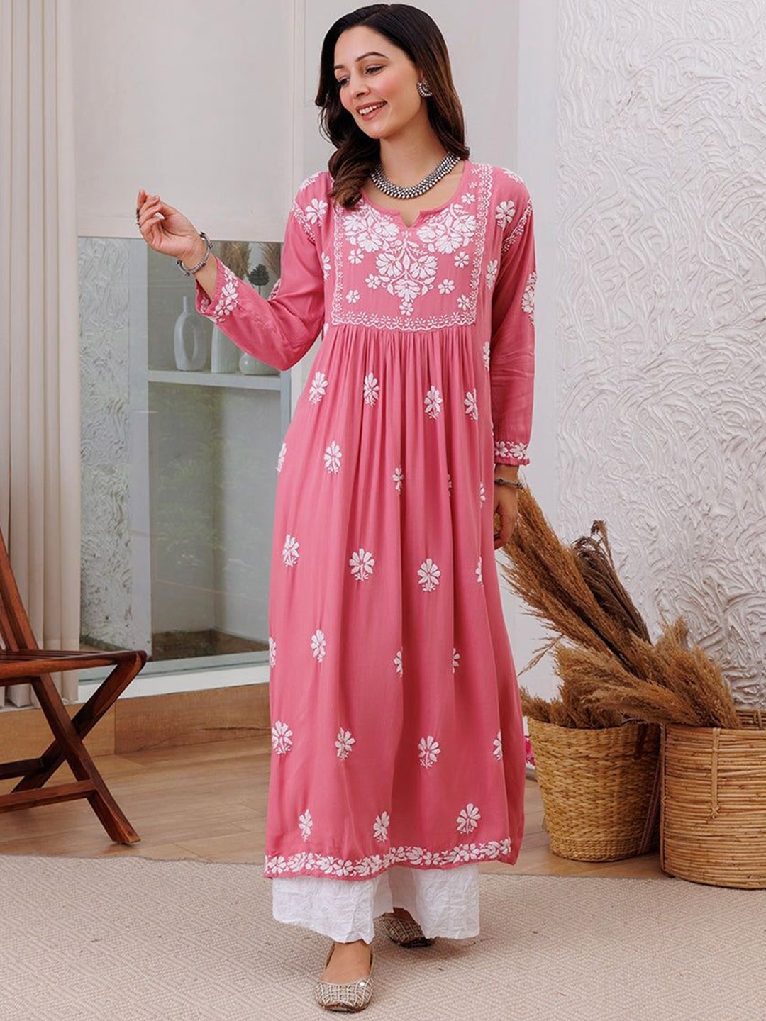 

Rangreza Ethnic Floral Embroidered Chikankari Cotton Pleated A-Line Kurta, Mauve