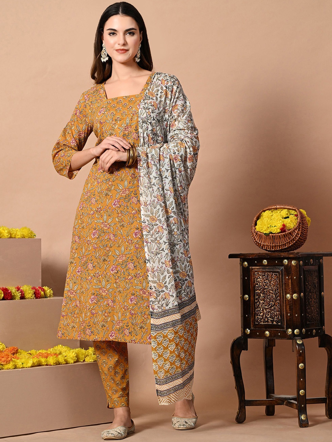 

KALINI Floral Printed Beads and Stones Kurta with Trouser & Dupatta, Mustard