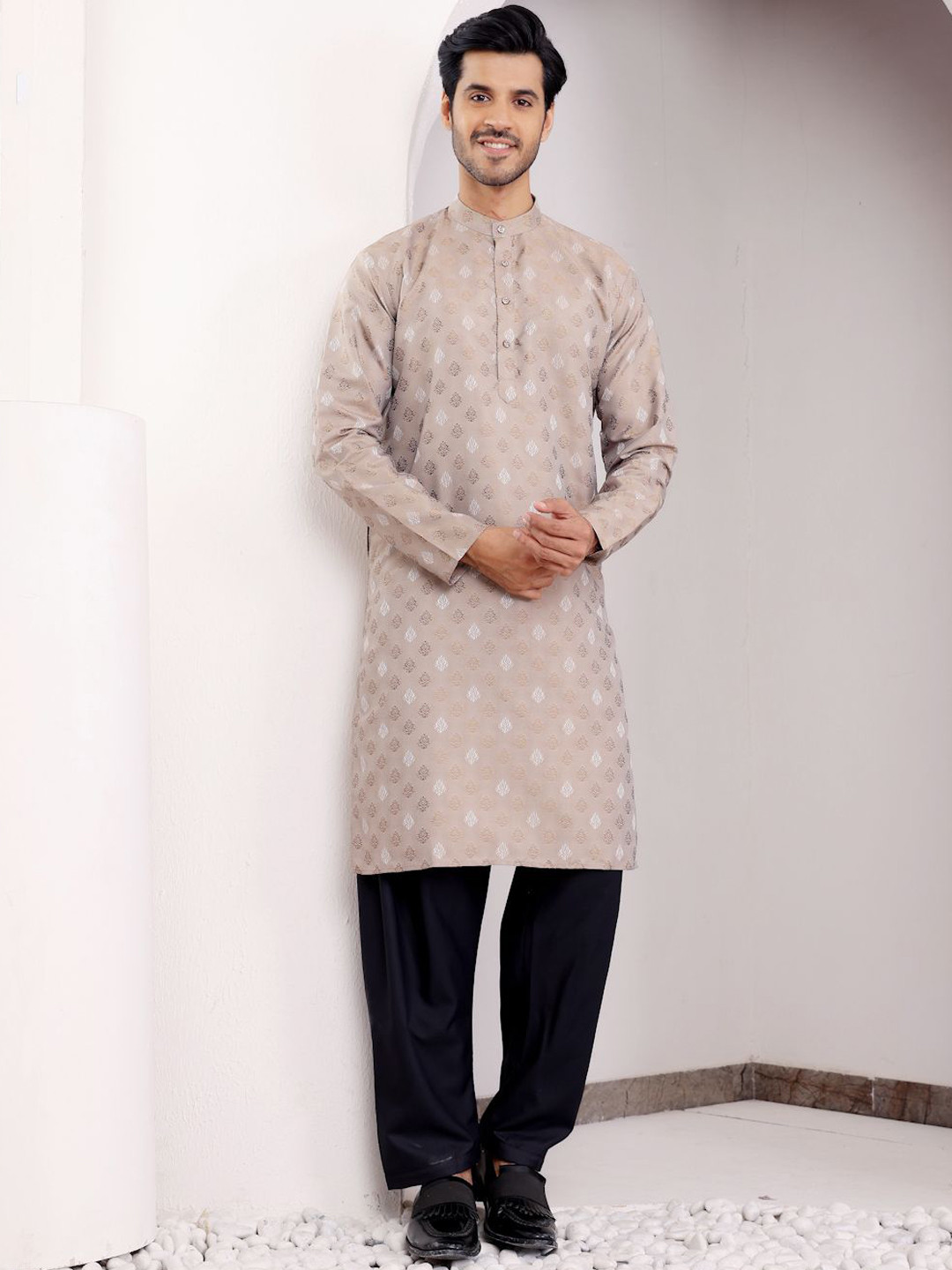 

Rawayi Ethnic Motifs Woven Design Band Collar Jacquard Straight Kurta, Coffee brown
