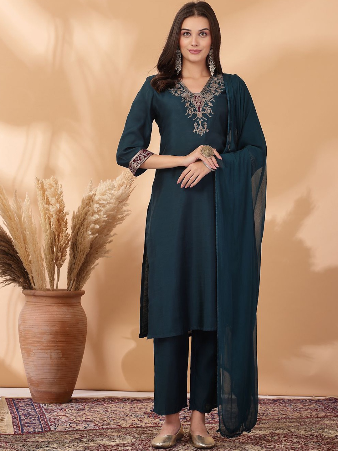 

Nayam By Lakshita Floral Yoke Design Thread Work Straight Kurta with Palazzos & Dupatta, Teal