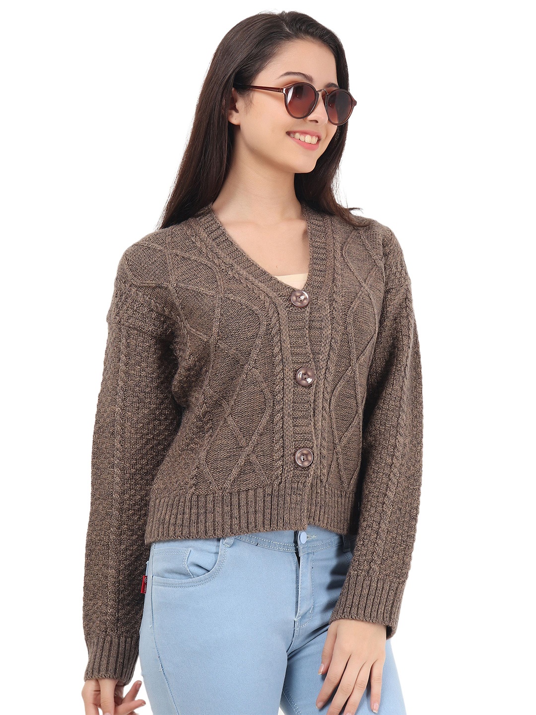 

HAUTEMODA Women Woollen Button Detail Cardigan, Brown