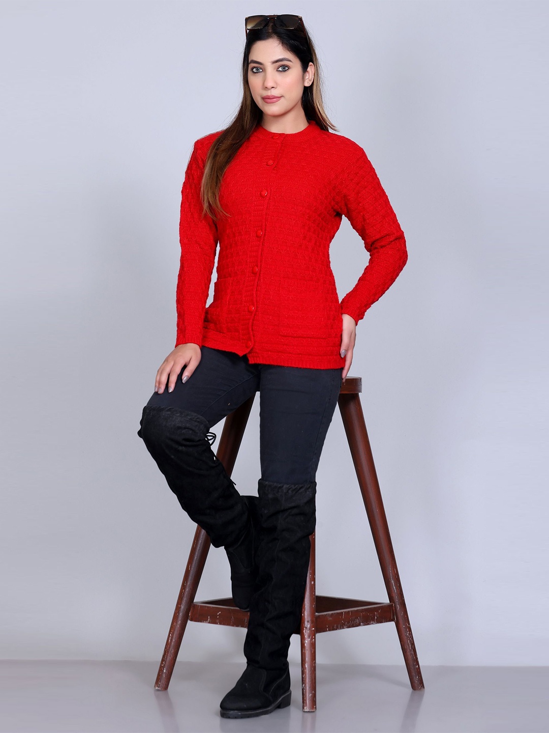 

Winter Wonders Women Woollen Long Sleeves Cardigan, Red