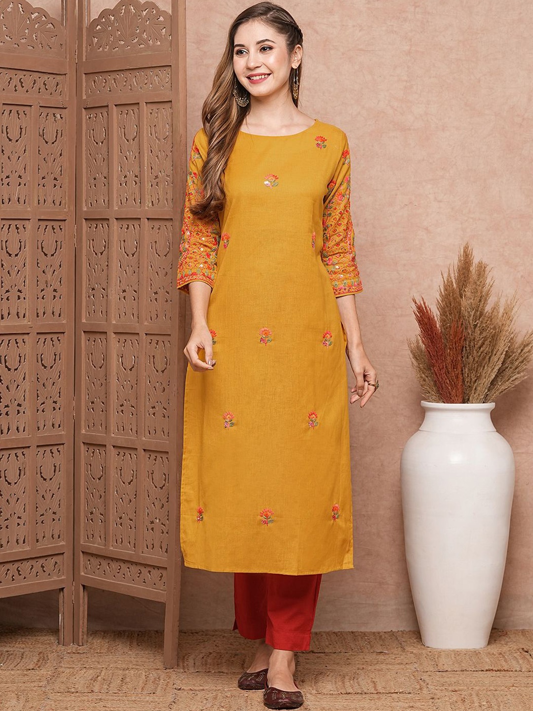 

FASHOR Floral Embroidered Cotton Sequins Straight Kurta, Mustard