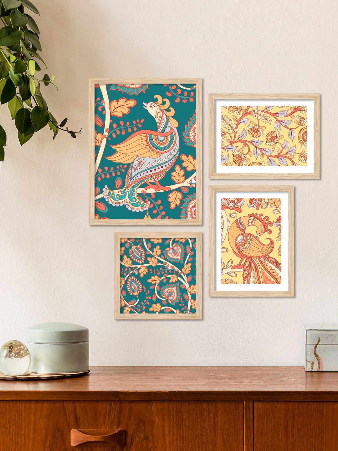 

ArtVibes Yellow & White 4 Pieces Kalamkari Wooden Paintings Wall Art