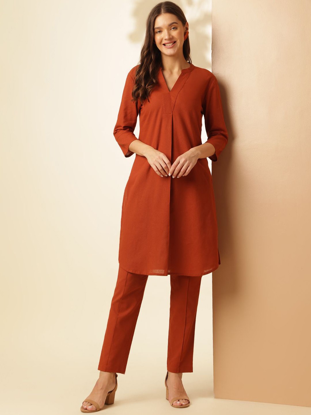 

Anouk Pure Cotton Pleated Straight Kurta & Trouser, Rust