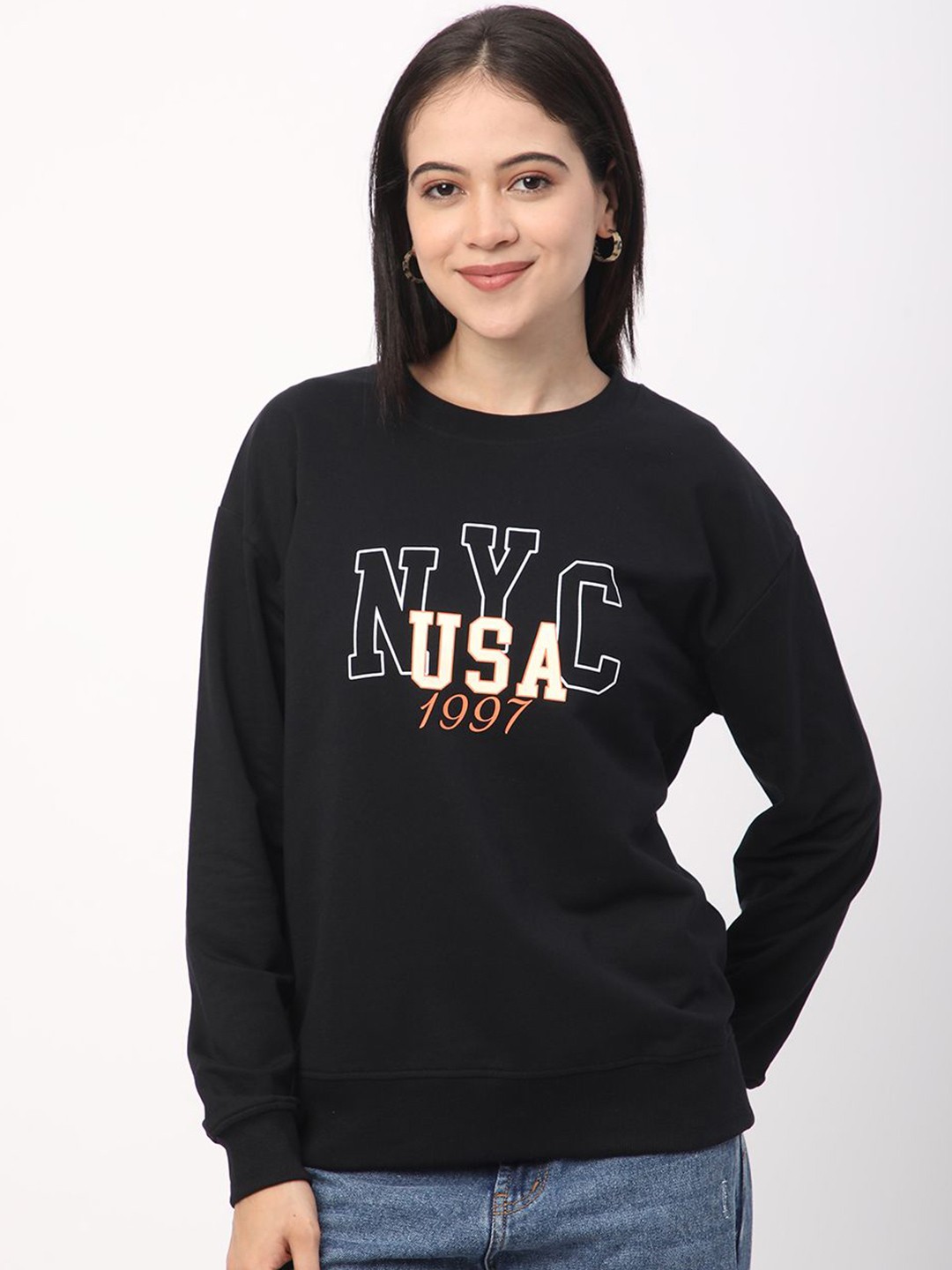 

R&B Women Printed Round Neck Pullover Cotton Sweatshirt, Black